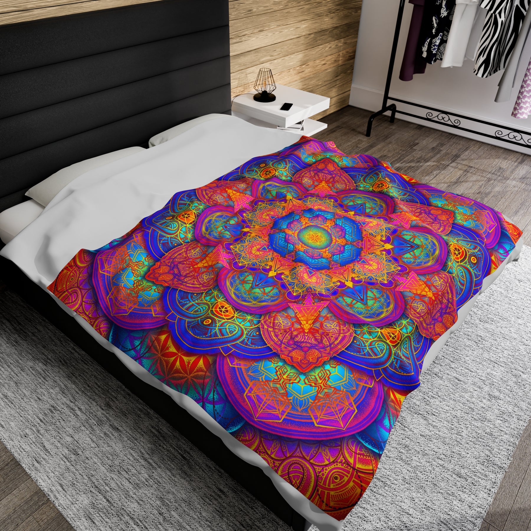 Psychedelic Metatron's Cube Mandala - Velveteen Plush Blanket