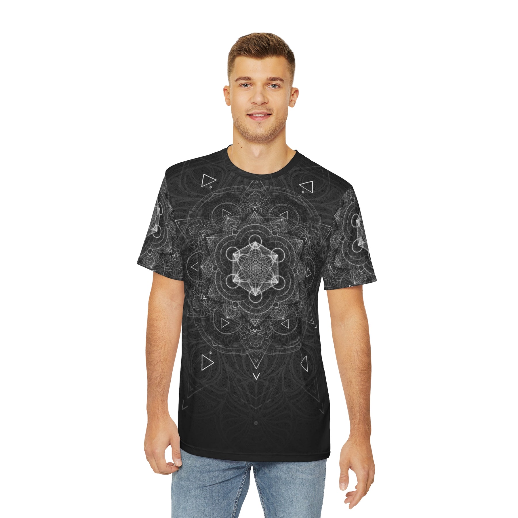 Black and White Sacred Geometry  Mandala - Men's Polyester Tee