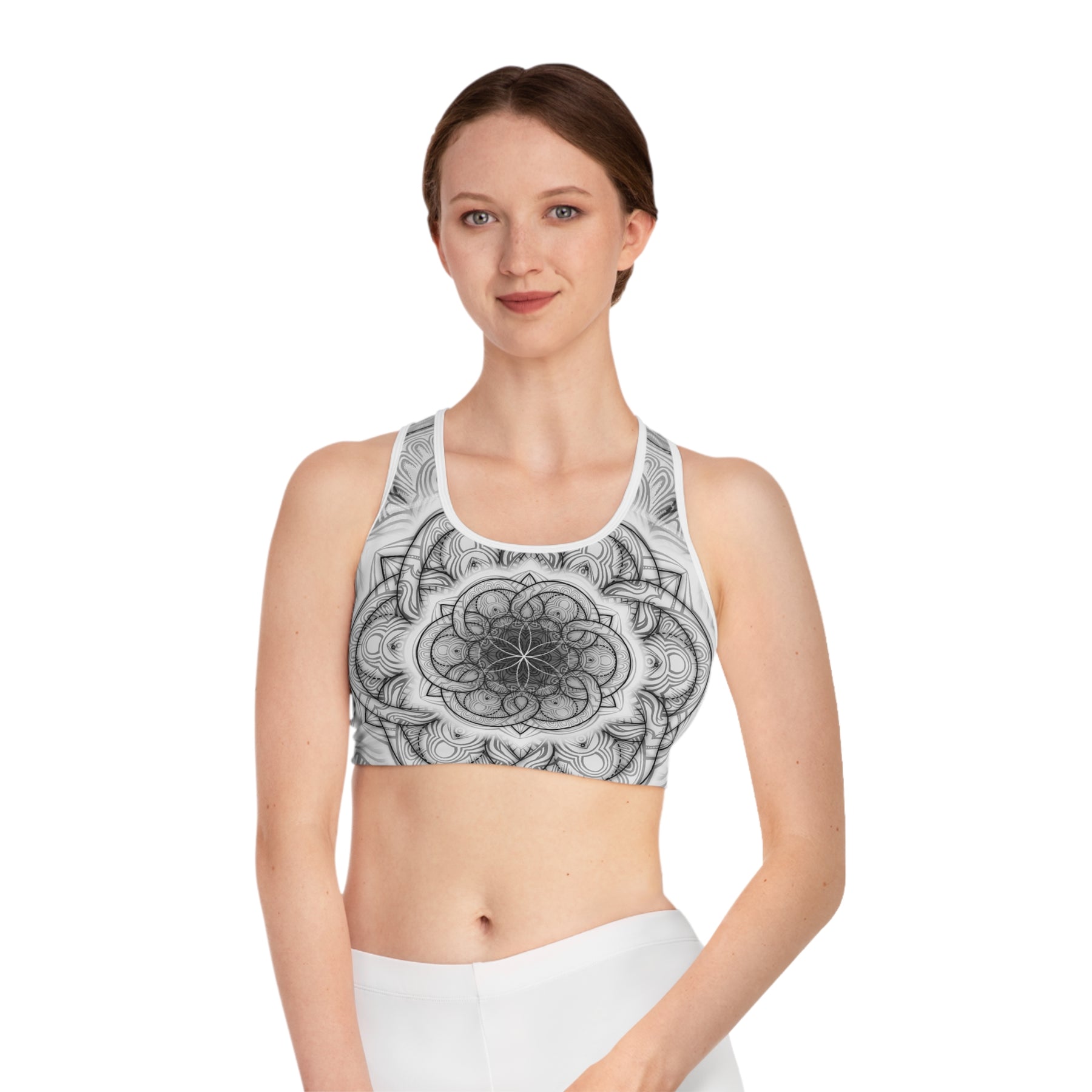 White Flower of Life Mandala Sports Bra